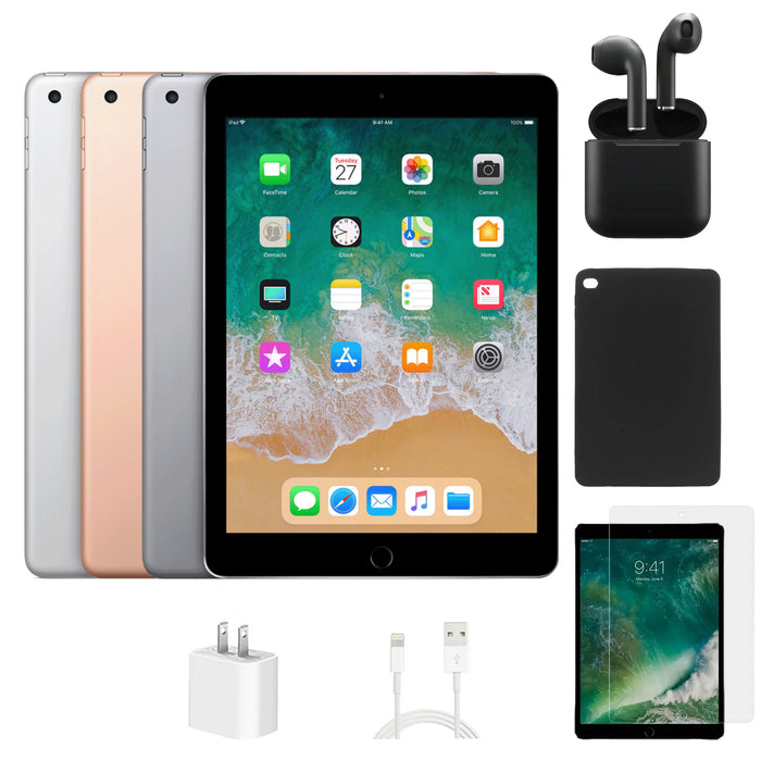 Refurbished Apple iPad 6th Gen | WiFi + Cellular Unlocked | Bundle w/ Case, Wireless Earbuds,Tempered Glass Screen Protector