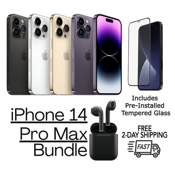 Refurbished Apple iPhone 14 Pro Max | Fully Unlocked | Bundle w/ Pre-Installed Tempered Glass and Bluetooth Earbuds