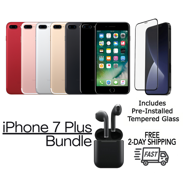 Refurbished Apple iPhone 7 Plus | Fully Unlocked | Bundle w/ Pre-Installed Tempered Glass and Bluetooth Earbuds