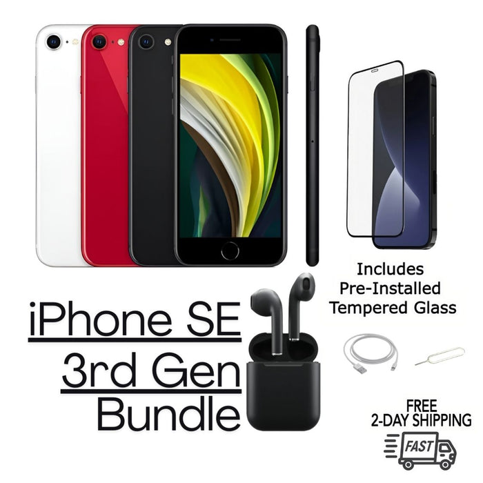 Refurbished iPhone SE 3rd Gen (2022) Unlocked Bundle - Earbuds & pre-installed tempered glass screen protector