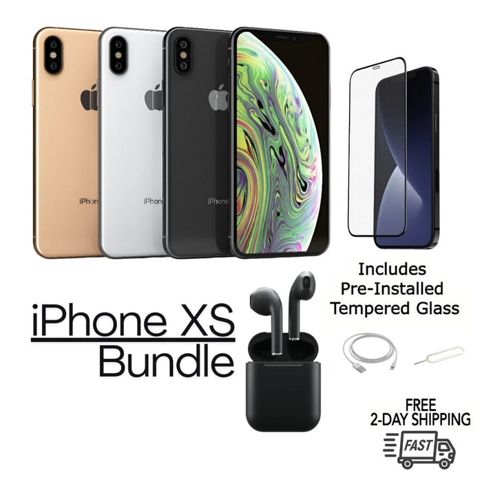 Refurbished iPhone XS Un Unlocked Bundle - earbuds & Tempered Glass