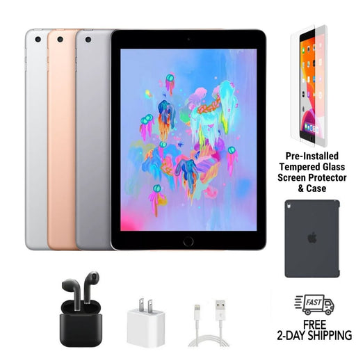  Refurbished iPad 6th Generation (2018) Bundle with Wireless Earbuds, iPad Protective Case, Pre-Installed Tempered Glass Screen Protector, Power Adaptor