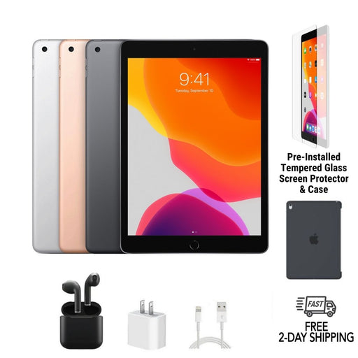 Refurbished iPad 7th Gen Bundle with Wireless Earbuds, iPad Protective Case, Screen Protector, and Power Adapter