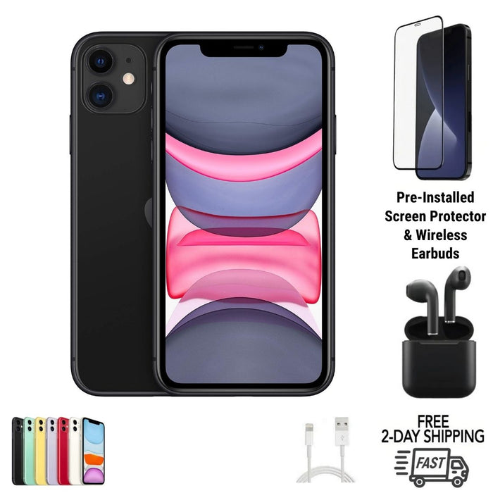 Refurbished iPhone 11 Bundle with Wireless Earbuds and Pre-Installed Tempered Glass Screen Protector