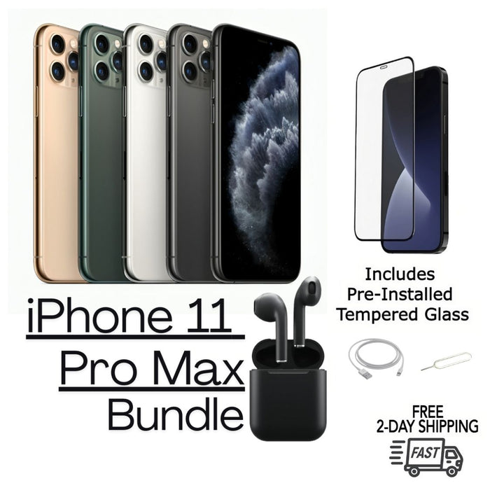 Refurbished Apple iPhone 11 Pro Max | Fully Unlocked | Bundle w/ Pre-Installed Tempered Glass and Bluetooth Earbuds