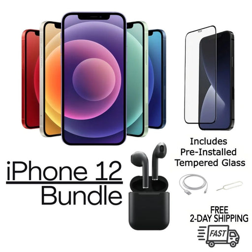 Refurbished iPhone 12 Unlocked Bundle, Tempered Glass, Earbuds, Cable