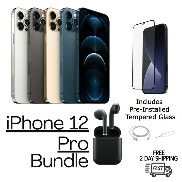 Refurbished Apple iPhone 12 Pro | Fully Unlocked | Bundle w/ Pre-Installed Tempered Glass and Bluetooth Earbuds