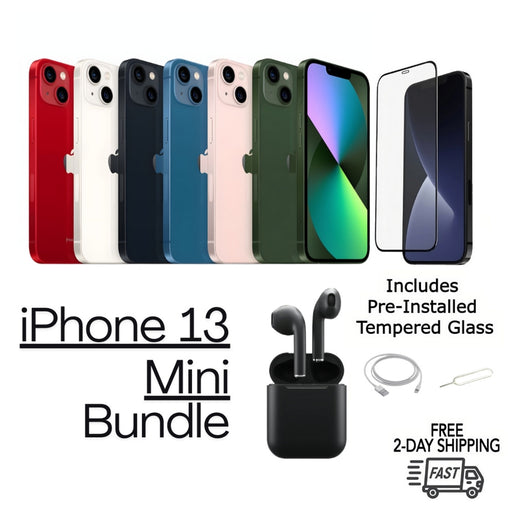 iPhone 13 Mini Refurbished Bundle, Tempered glass, earbuds, cable