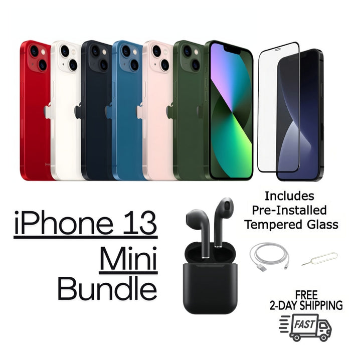 iPhone 13 Mini Refurbished Bundle, Tempered glass, earbuds, cable