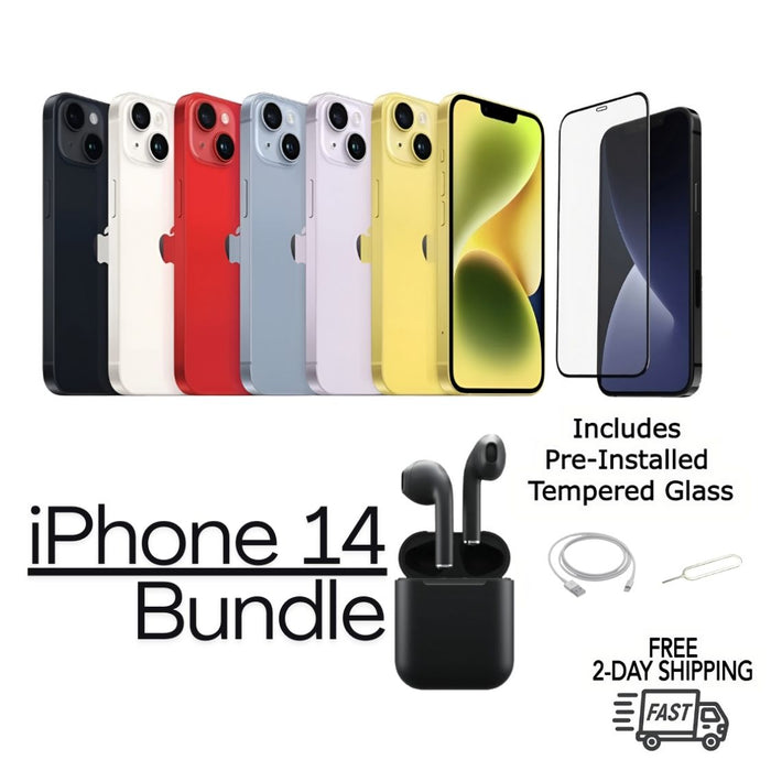 Refurbished Apple iPhone 14 | Fully Unlocked | Bundle w/ Pre-Installed Tempered Glass and Bluetooth Earbuds