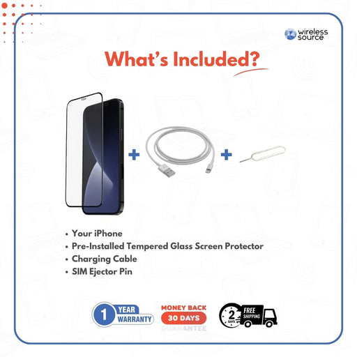 Refurbished iPhone- What's included in your order? iPhone, Charging Cable, Pre-Installed Tempered Glass Screen Protector, SIM Ejector Pin