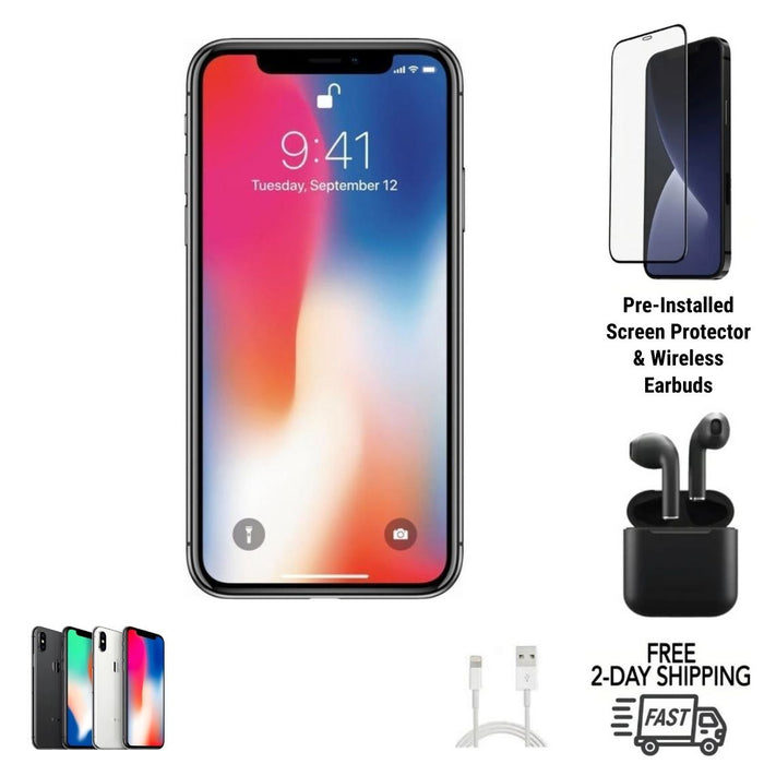 Refurbished iPhone X Unlocked | Bundle Pre-Installed Tempered Glass and Bluetooth Earbuds