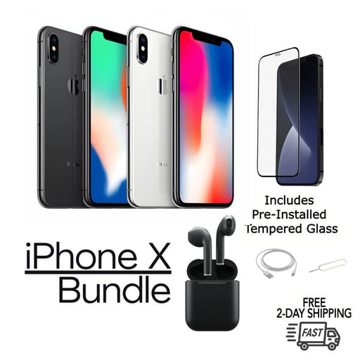 Refurbished iPhone X Unlocked Bundle Earbuds, tempered glass screen protector